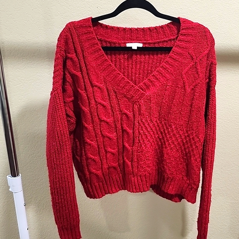 V-Neck Red Cable Knit Sweater